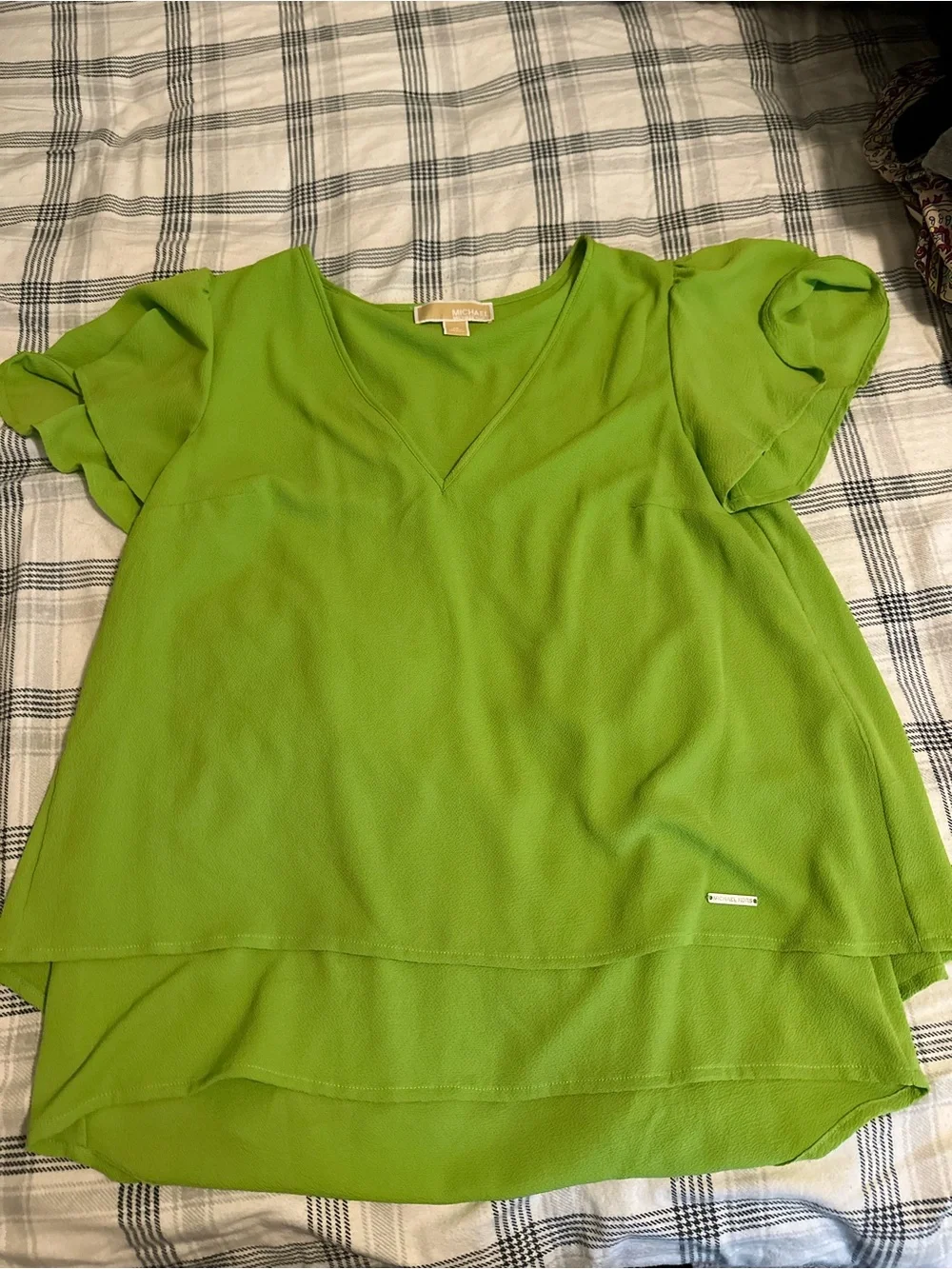 Michael Kors Lime Green V-Neck Flutter Sleeve Blouse